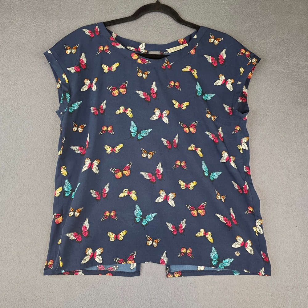 Abercrombie & Fitch Butterfly Blouse Women Medium Navy Blue Short Sleeve